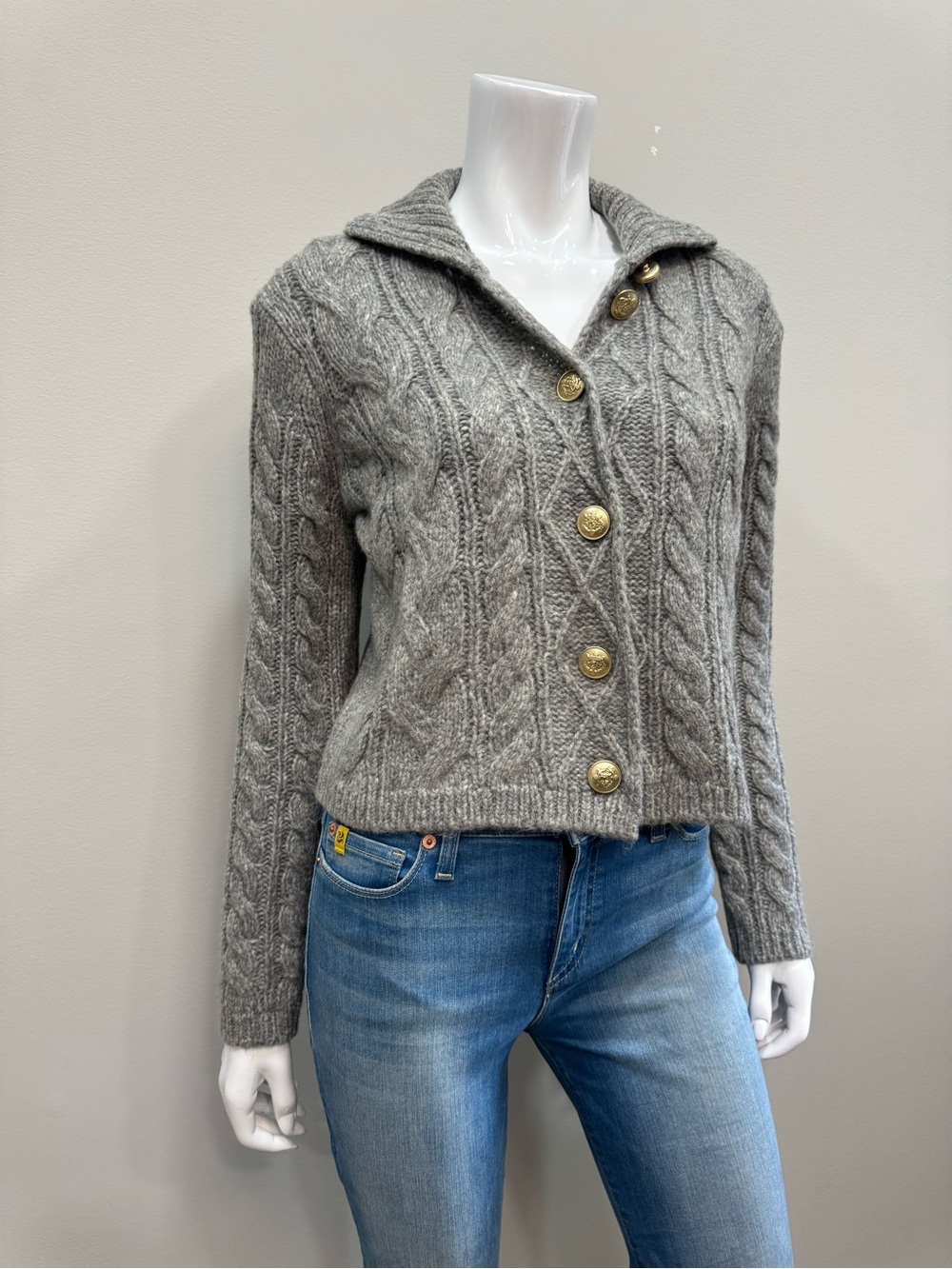J.CREW Gray Cable Knit Turtleneck Cardigan Sweater Gold Crest Buttons Wool XS